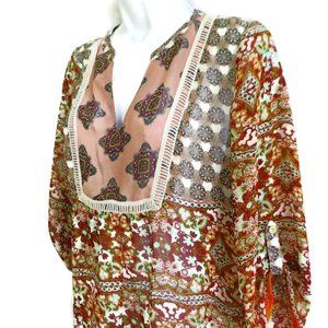 Figueroa & Flower Blouse Boho Floral Lightweight Peasant Roll Tabs Sleeves S